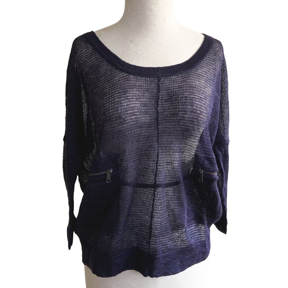 Poetry Mesh 100% Linen Blouse Top Blue Knit See-Through Zipped Pockets Size 8